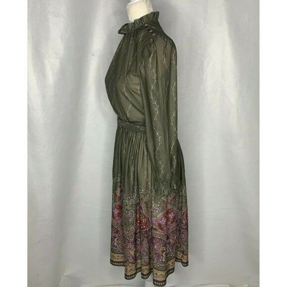 Vintage 70s Secretary Midi Dress Womens M Green Paisley Ruffle Collar Belted - Picture 6 of 9